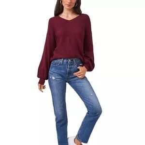 NWT 1. STATE Women's Rib-Knit Bubble Sleeve Long Sleeve Sweater in Windsor Wine